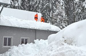 two men removing snow on roof
